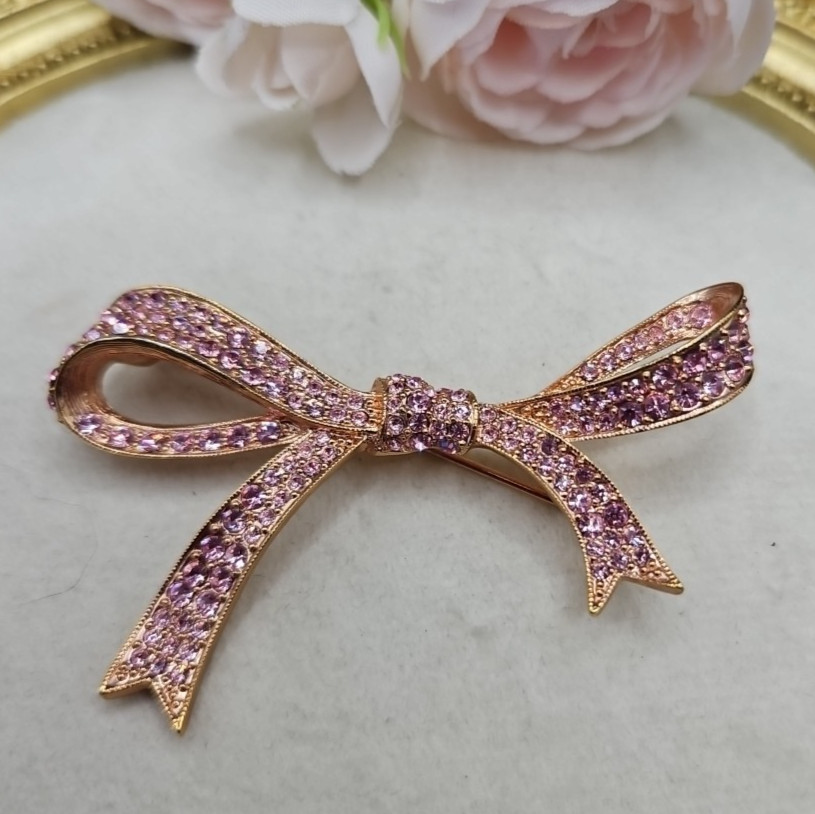 Vintage Kenneth Jay Lane KJL Pink Pave Rhinestone Ribbon Bow Pin Brooch