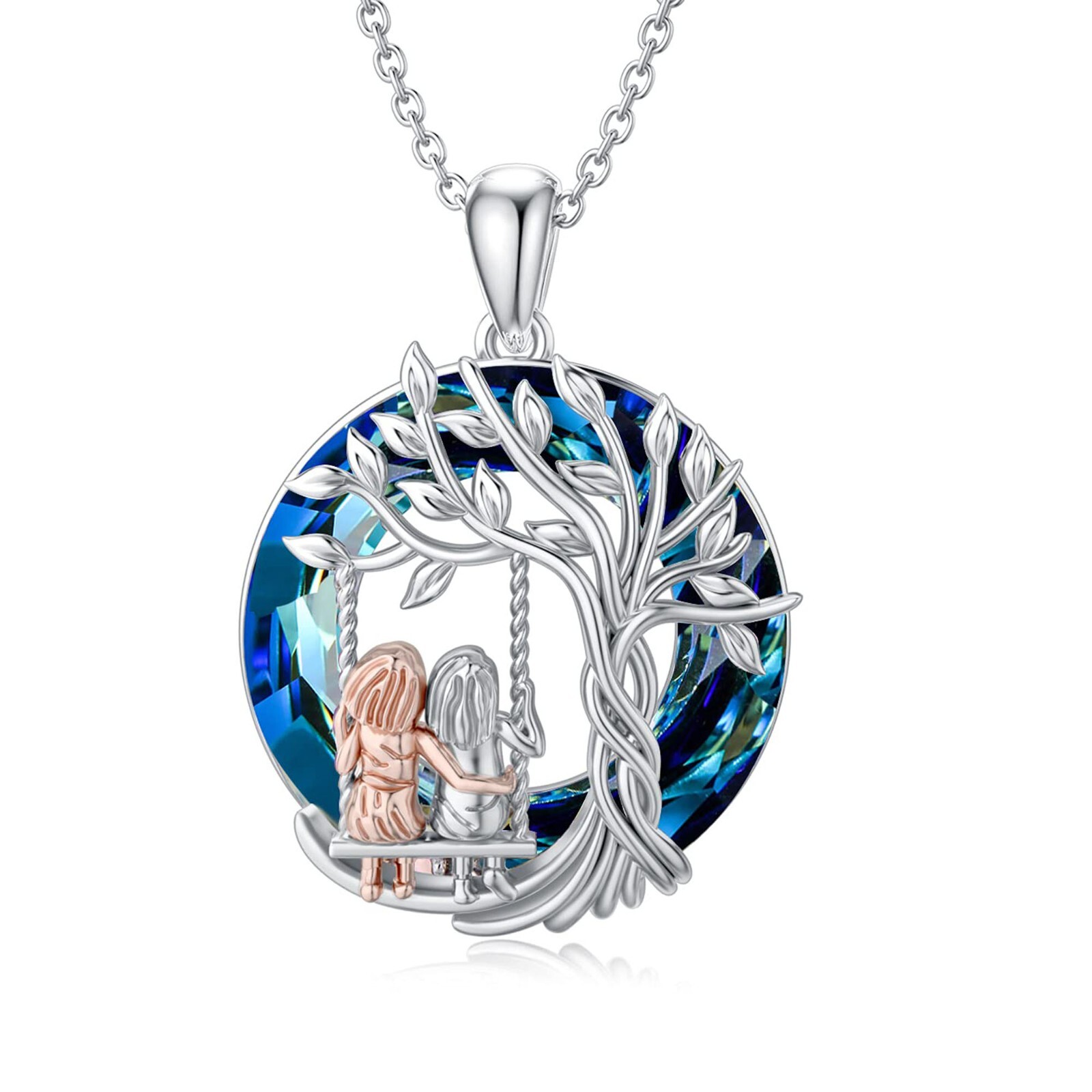Sisters On The Swing Pendant Necklace with 19″ Chain Fashion Jewelry Gift, Blue