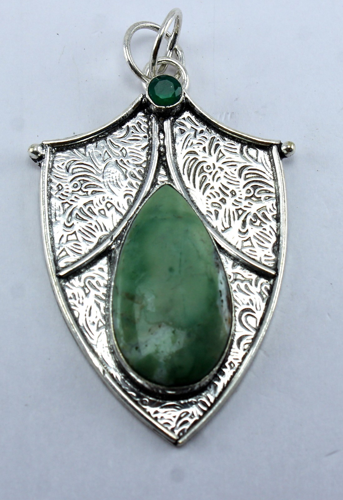 Green Jade Style Gemstone Pendant Ornate Silver Tone Shield Boho Tribal Artisan