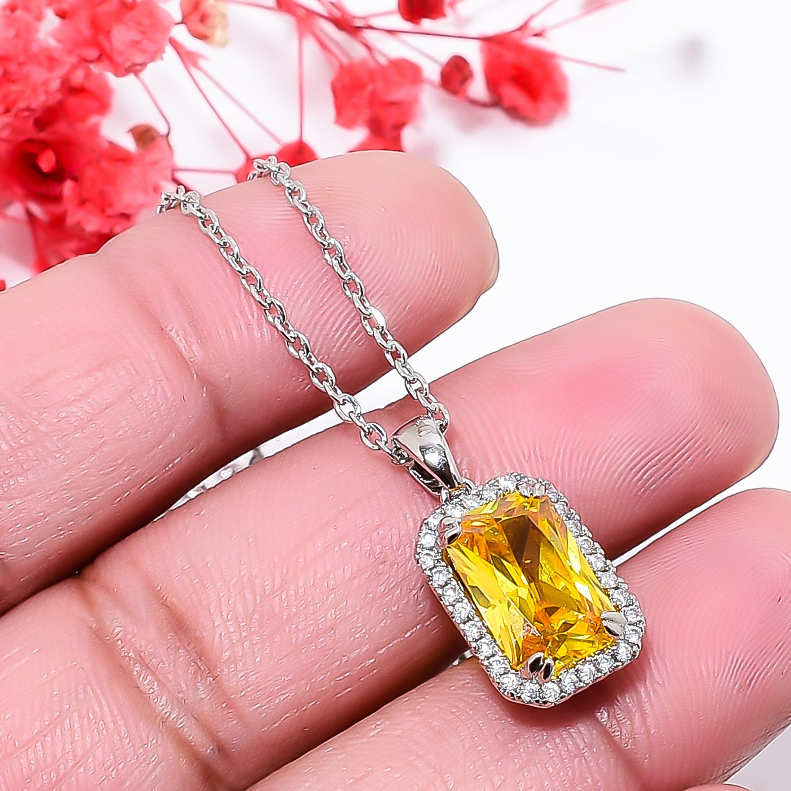 Yellow Sapphire Simulated & Cz 925 Silver Pendant With Chain 18-20″ CP899