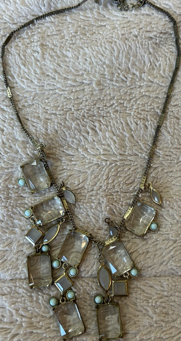 Gold Tone Statement Necklace Clear Rectangle Crystal Charms Adjustable 19-24in