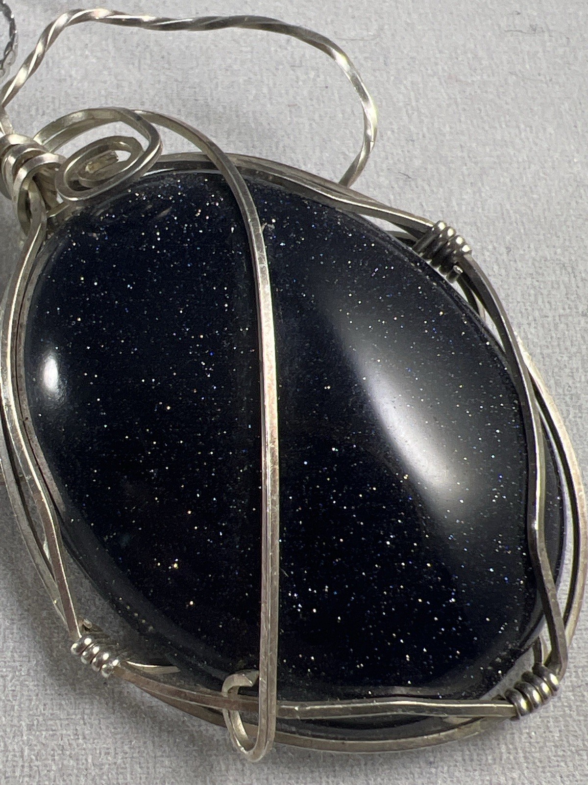 925 Sterling Silver 23” Chain Blue Goldstone Wire Wrapped Pendant Necklace Boho