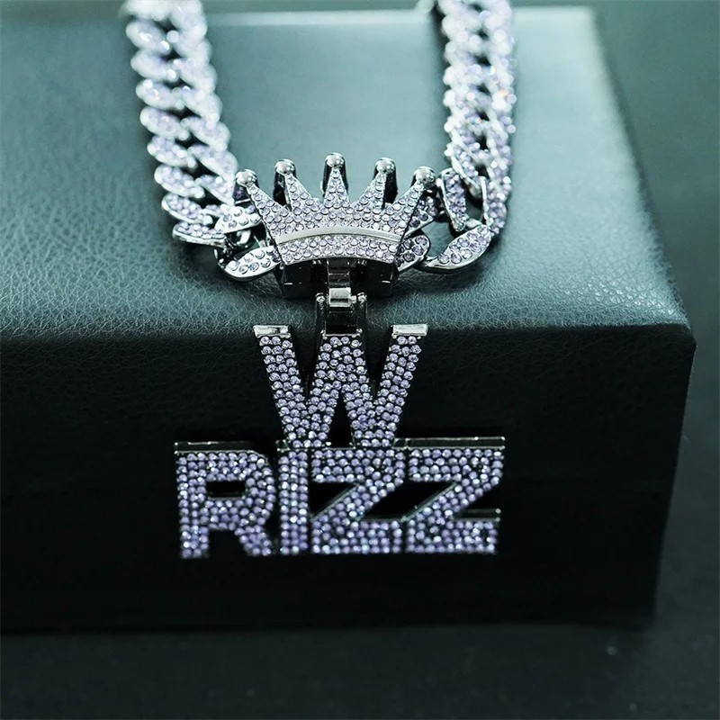 Iced W Rizz Crown Pendant Necklace CZ Bling Hip Hop Miami Cuban Link Chain Mens
