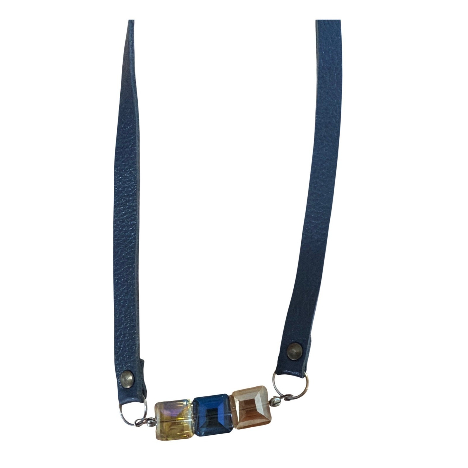 Blue Leather Strap Necklace with Square Crystal Glass Beads Adjustable Snap