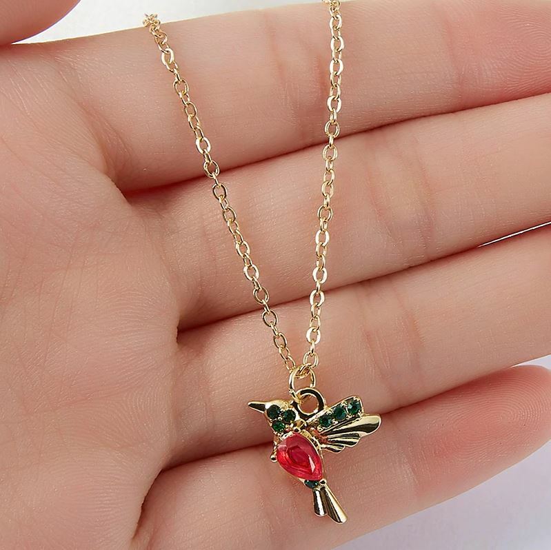Colorful Red/Pink Crystal Hummingbird Charm Pendant Necklace w/ Chain Bird Theme