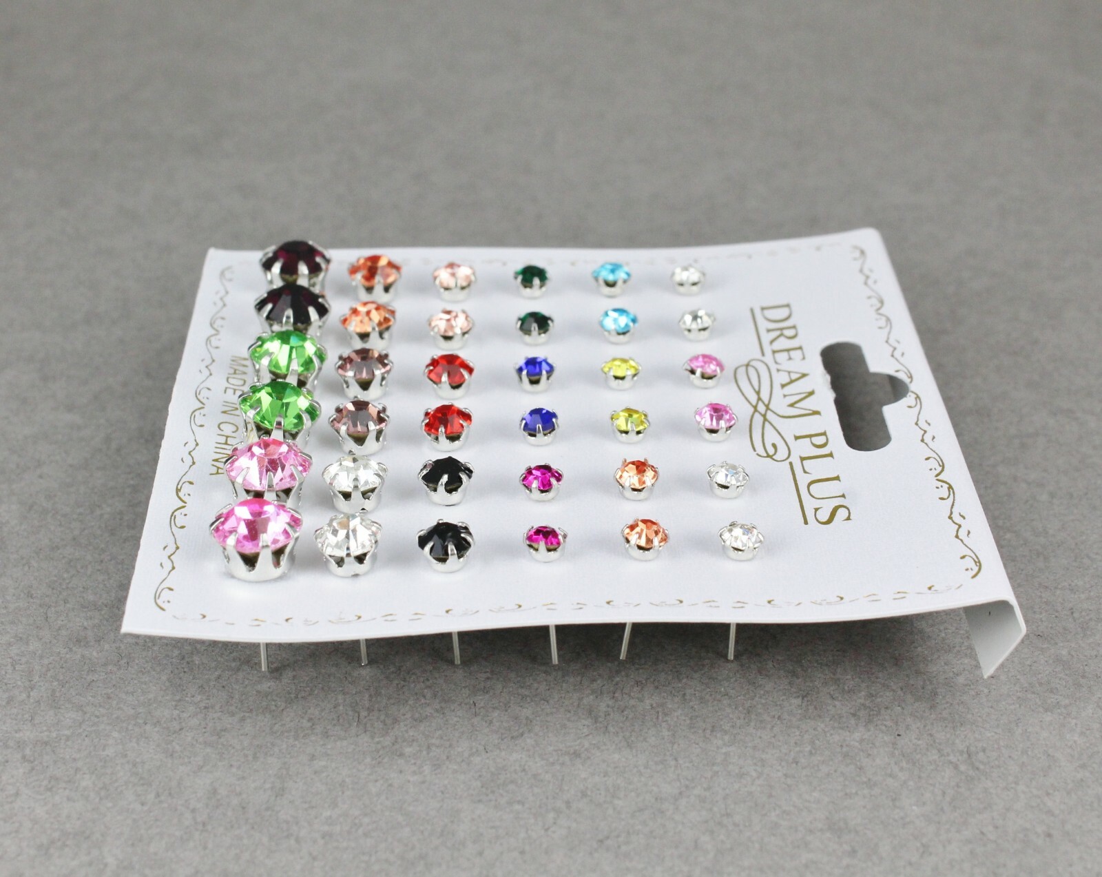 18 pair round faceted stud post crystal earrings graduated size multi color set