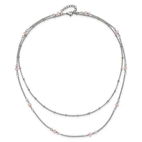 Chisel Polished Stainless Steel 2-Strand Beaded Necklace With Pink Crystals 16+1