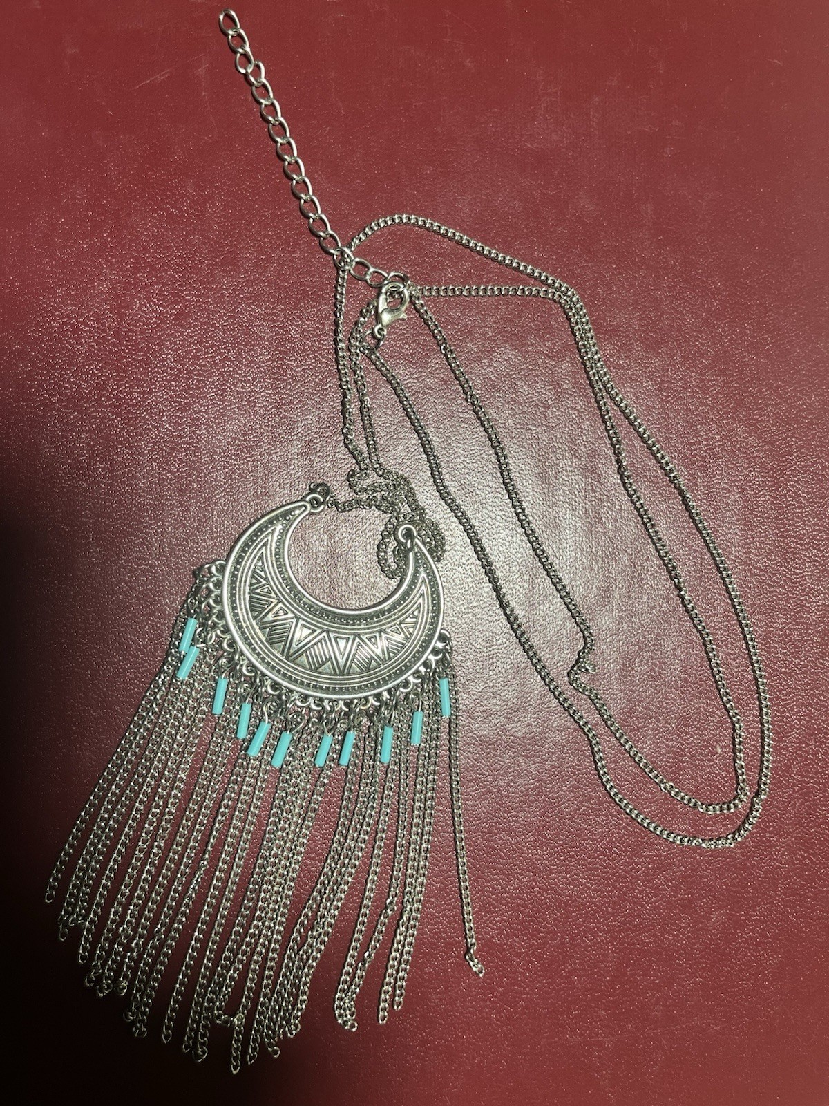 Boho Silver Tone Fringe Tassel Crescent Necklace Turquoise Accent Statement