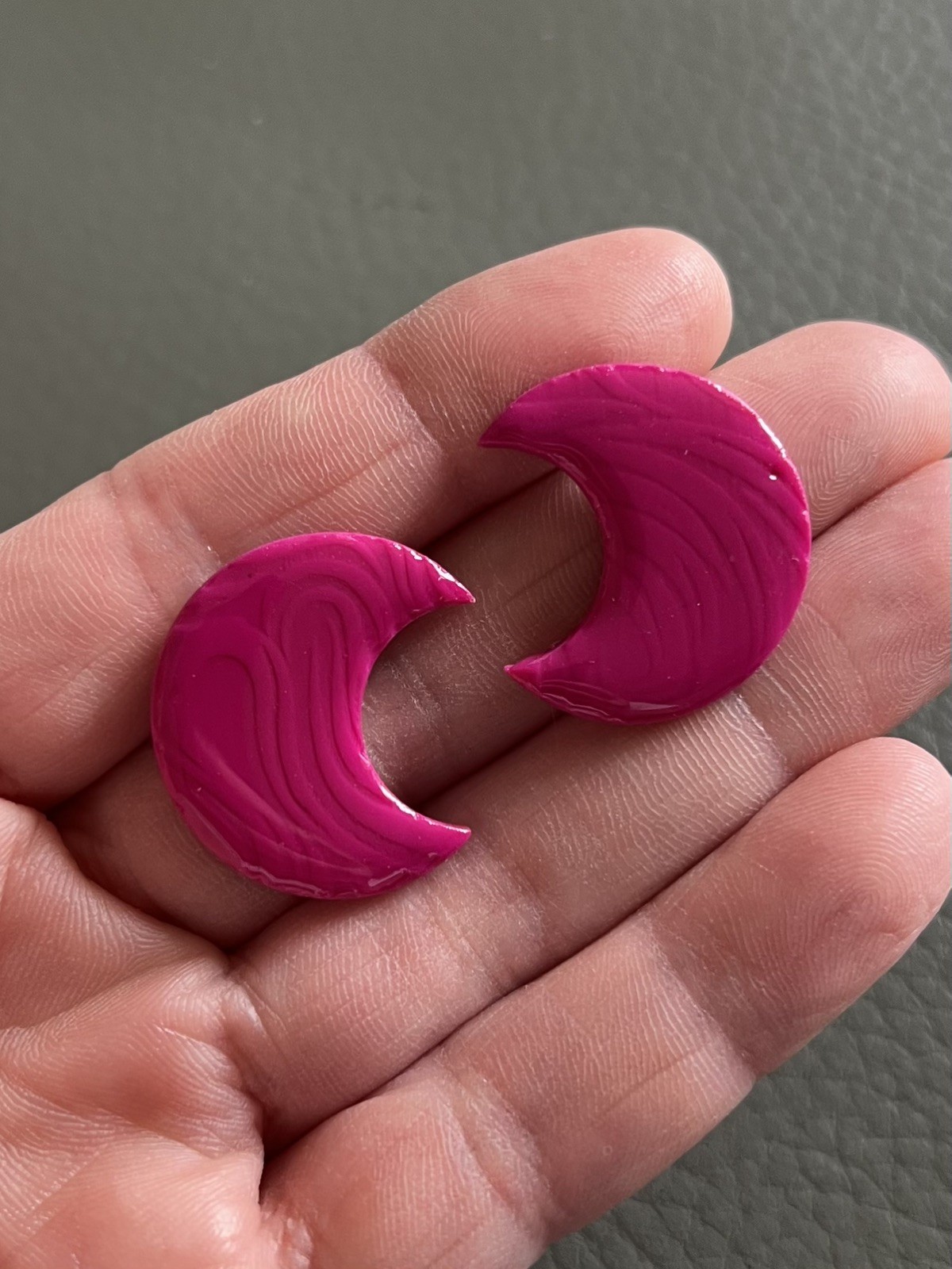 Handmade Magenta Crescent Moon Polymer Clay Studs Resin-Coated Ultra Lightweight