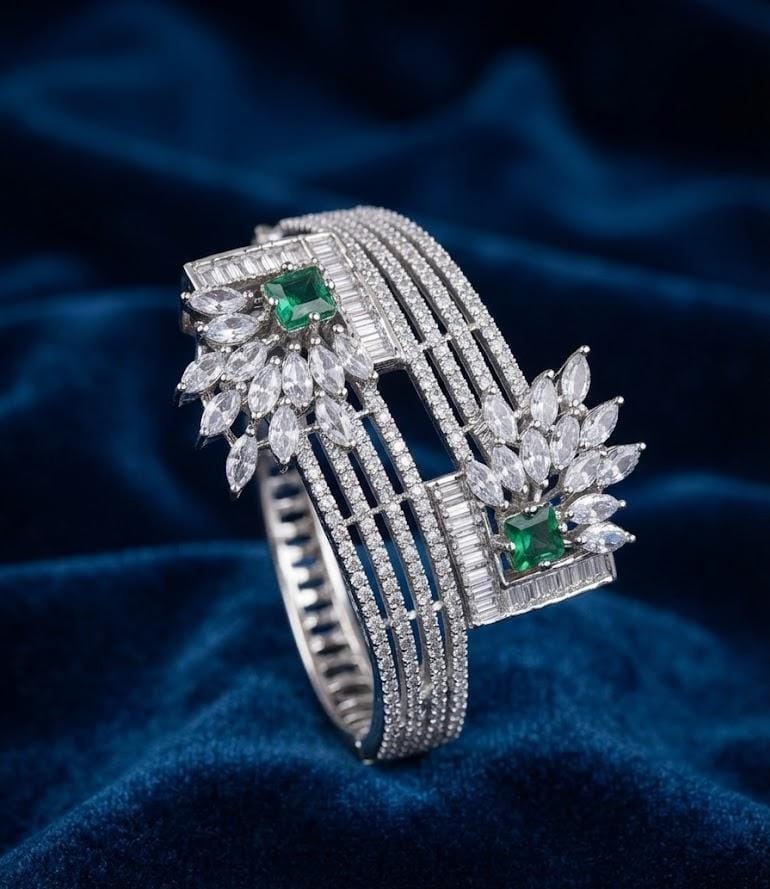 Green Crystal Floral Cuff Bangle White Gold Plated Statement Bracelet for Women