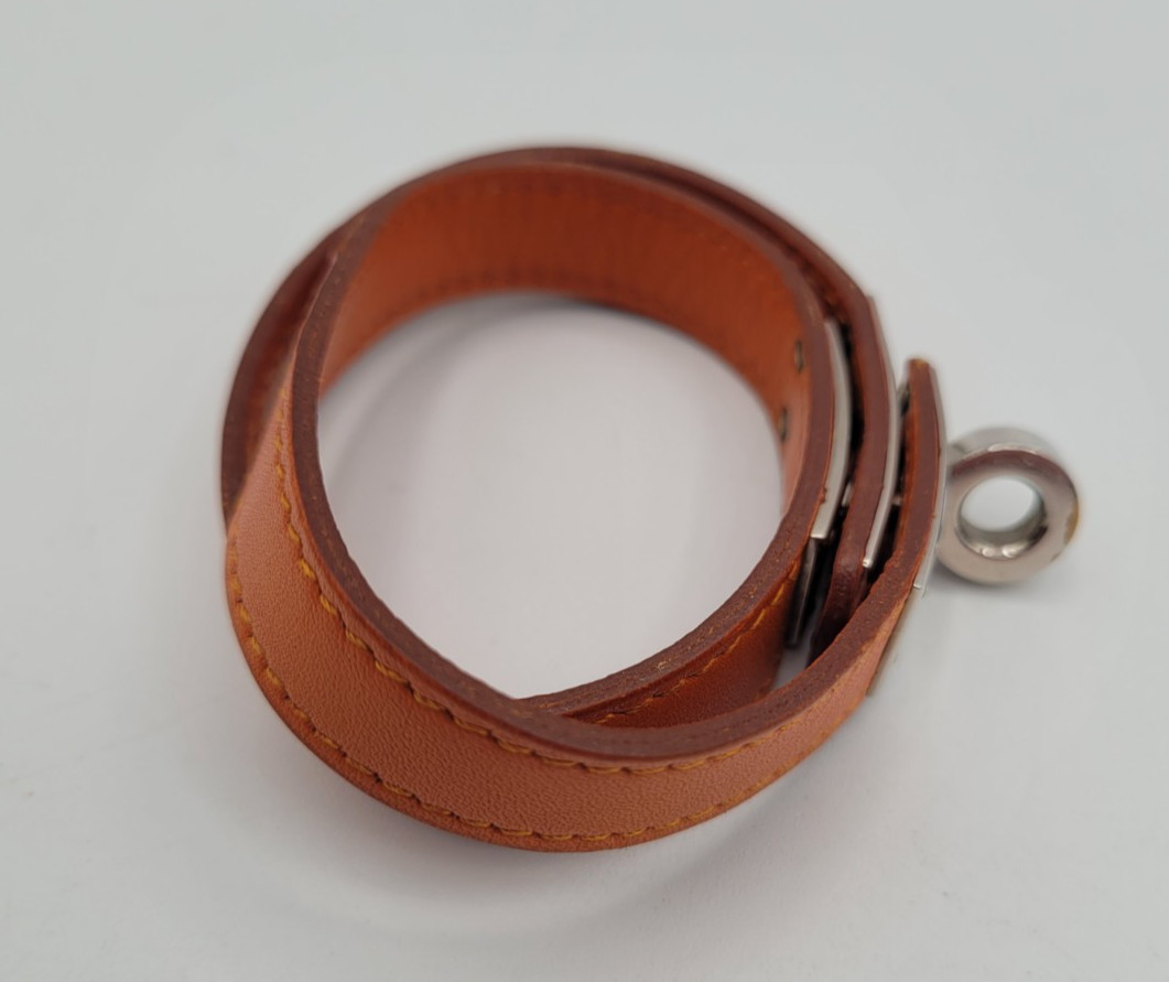 Hermès Double Tour Kelly Bracelet Orange Leather Palladium Size 1