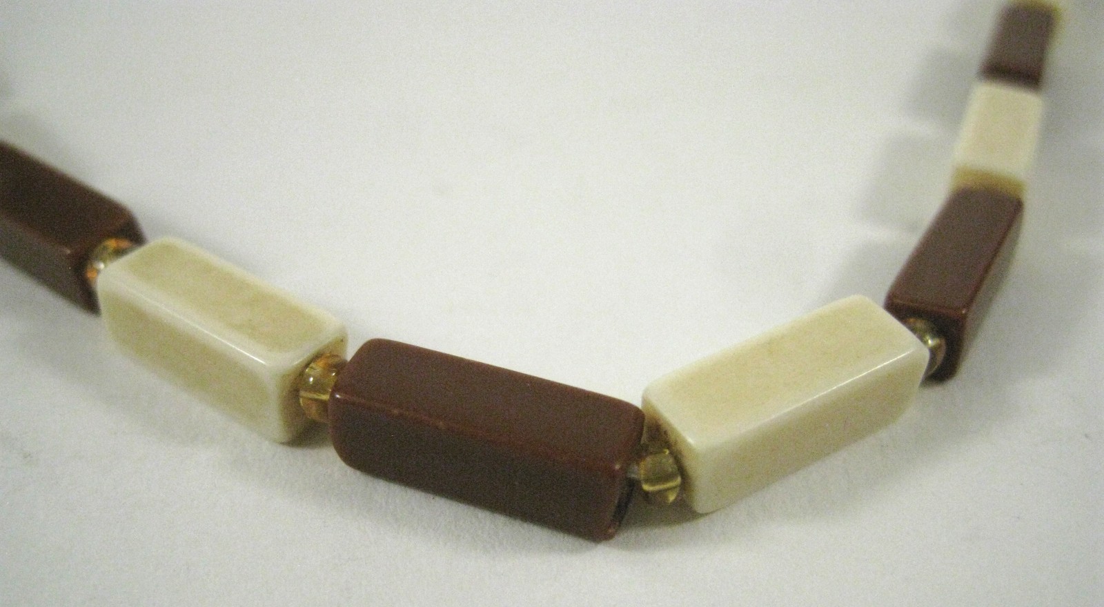 Necklace String Strand Brown Off White Size 31 Inches Rectangle Plastic Beaded
