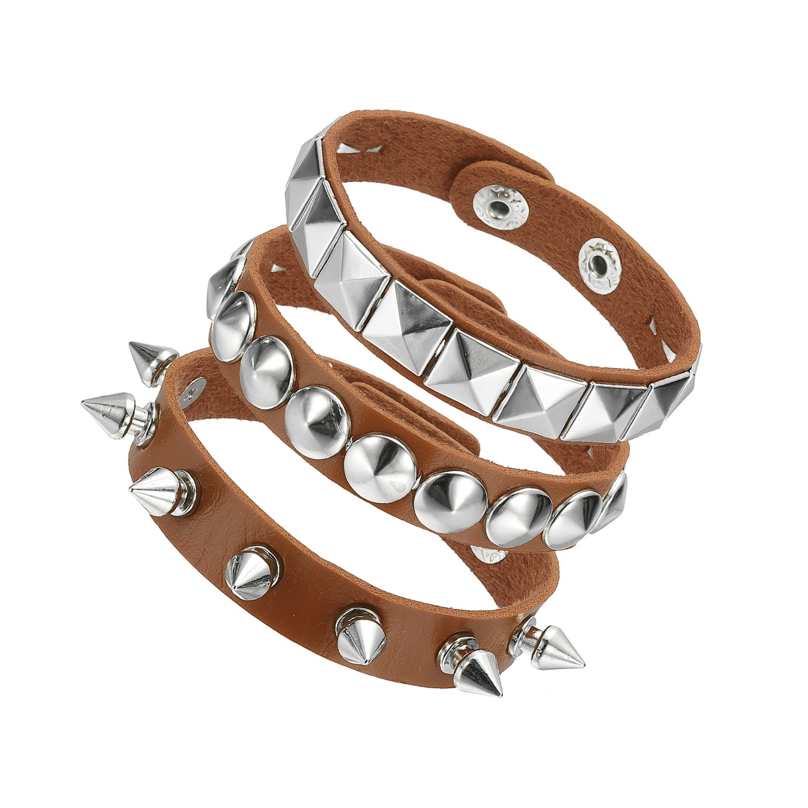 3Pcs Punk Studded Bracelet Set 8.7″/22cm Adjustable Bracelets Brown