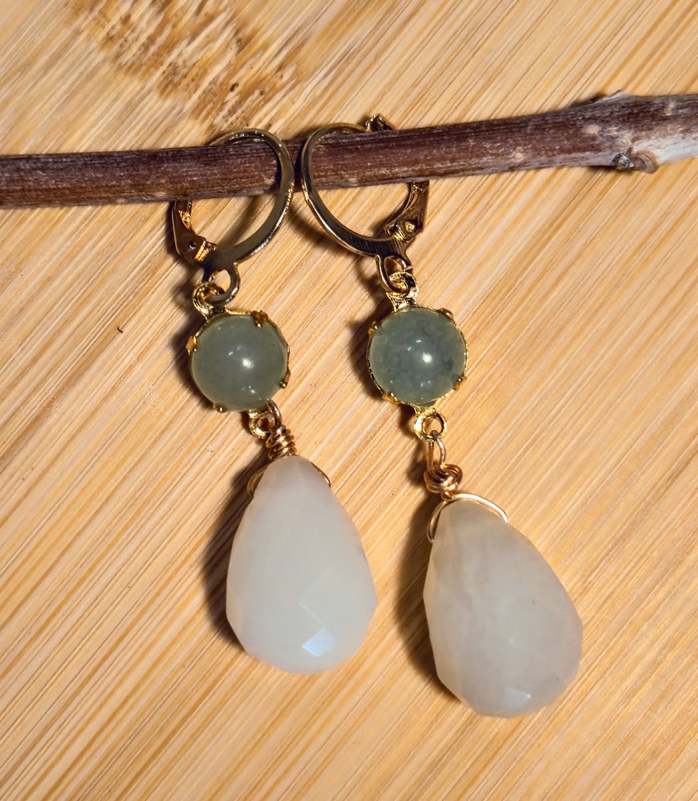Natural Green Jade In Large Drop Gold Plated Earrings