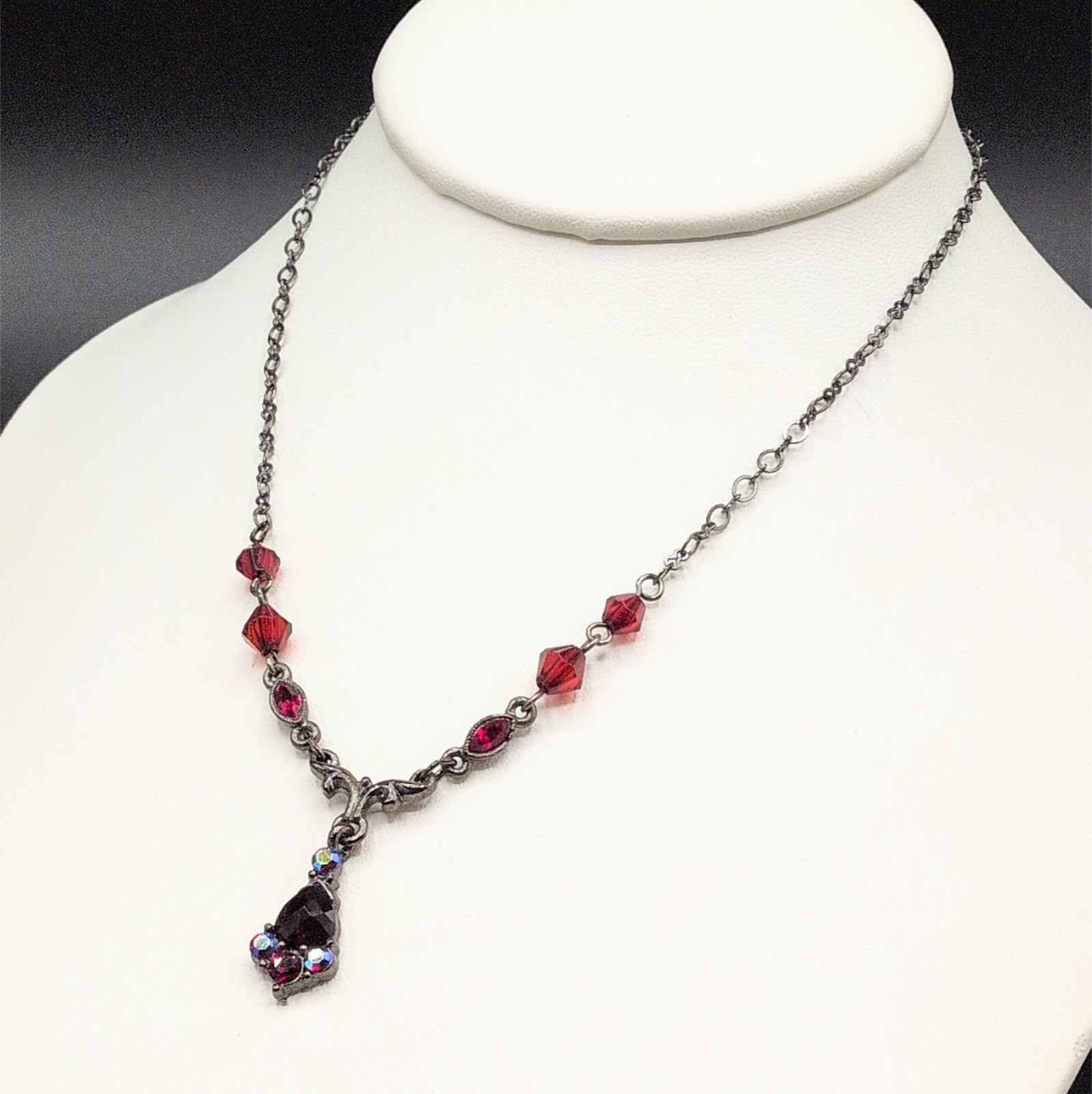 Necklace 1928 Gunmetal Silver Tone Y-Drop Red Beads Aurora Borealis Rhinestones
