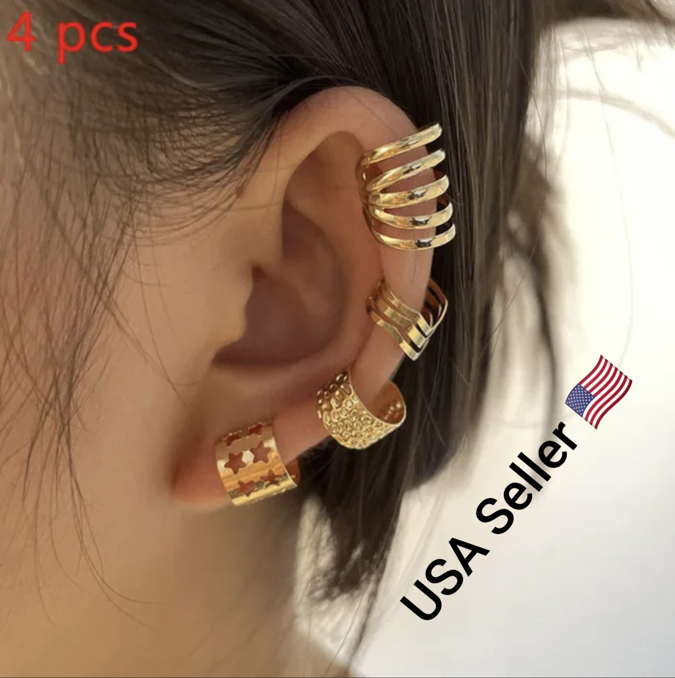 New 4pc Gold Silver Color Metal Ear Cuff Non-Piercing Ear Clips Earrings Jewelry