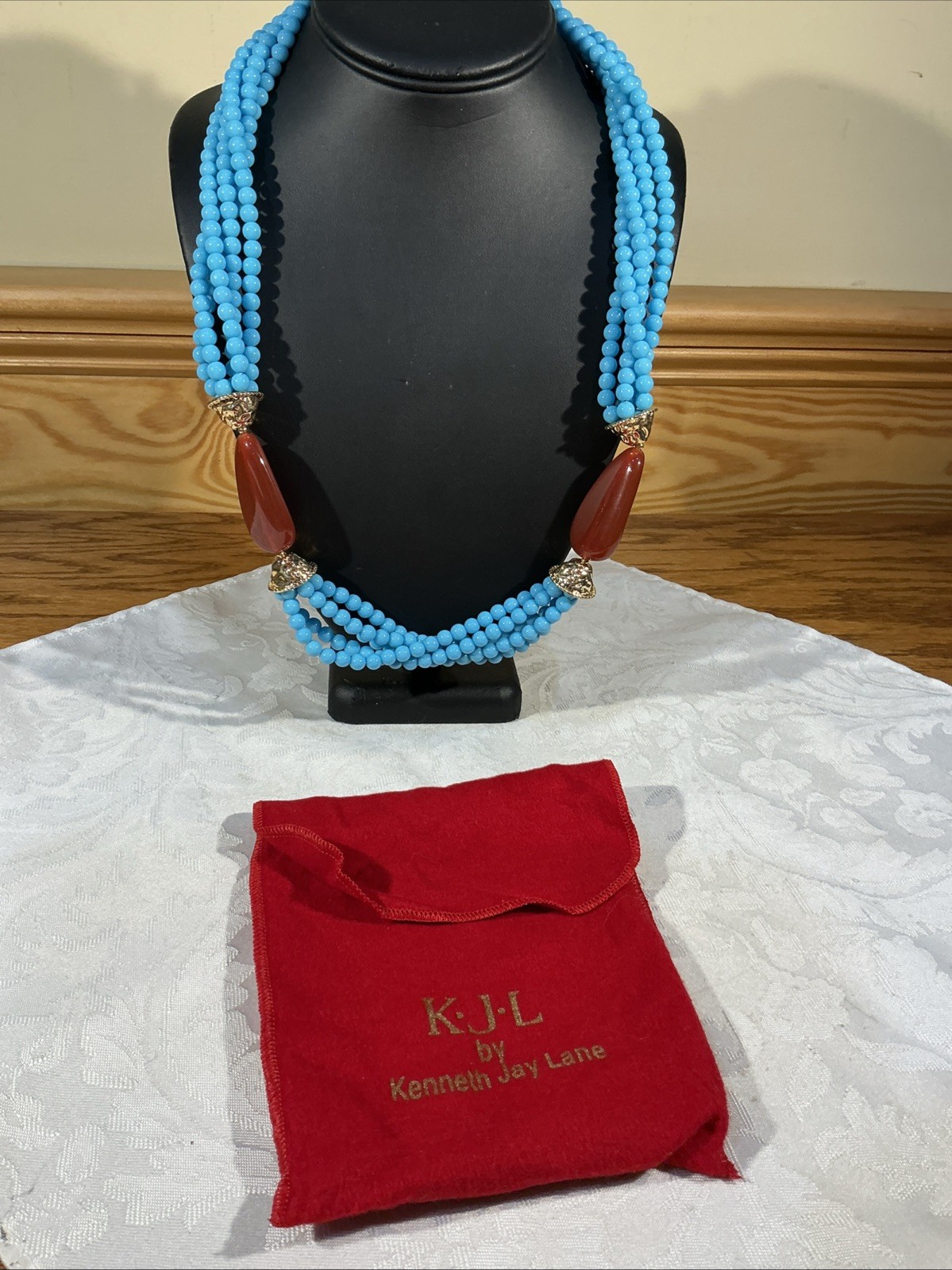 KJL Grand Stand Multi Strand Faux Turquoise & Carnelian Bead Boho Necklace 27″