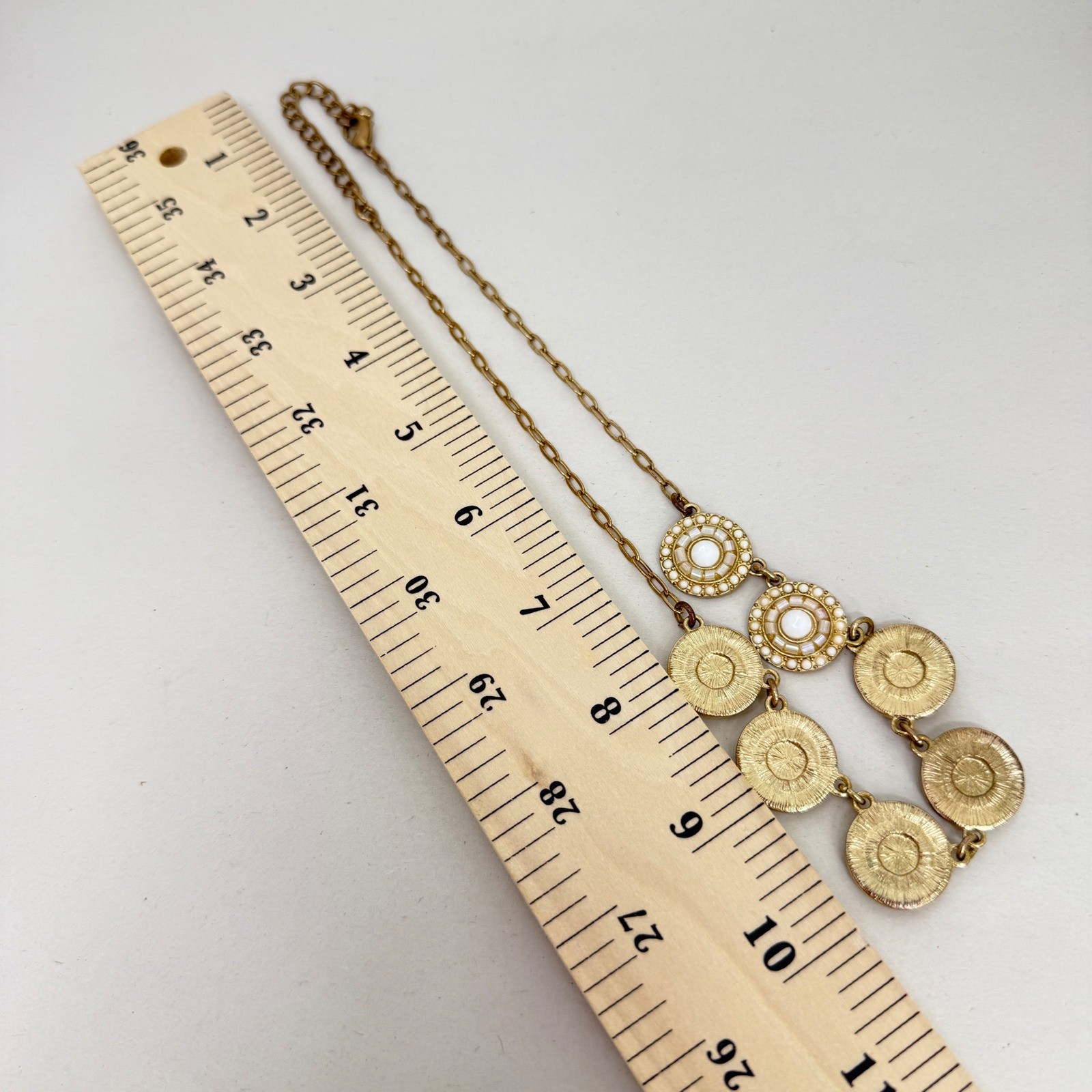 Iridescent Medallion Necklace Statement Bib Gold Tone White Cabochon