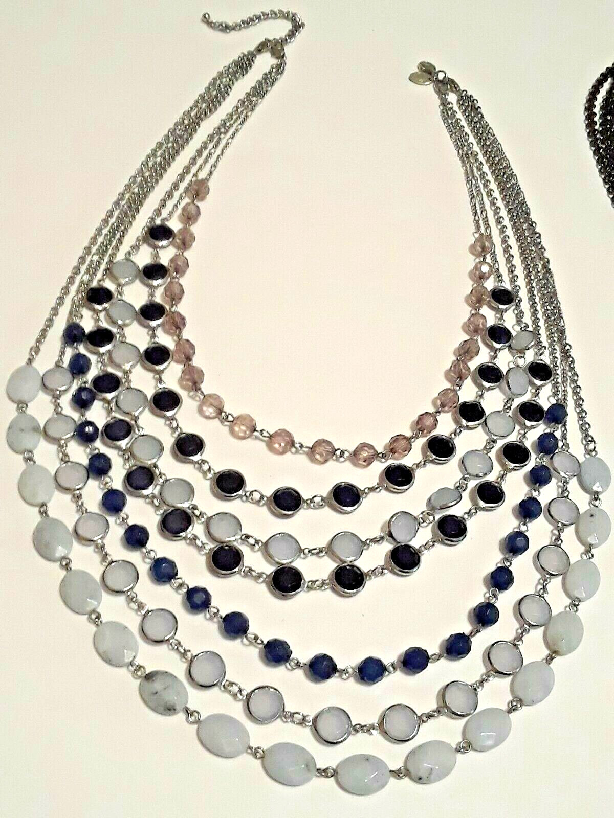 Multi strand cluster necklaces. blue cabochon, beads, 20″ – 32″ long. 2 lobster