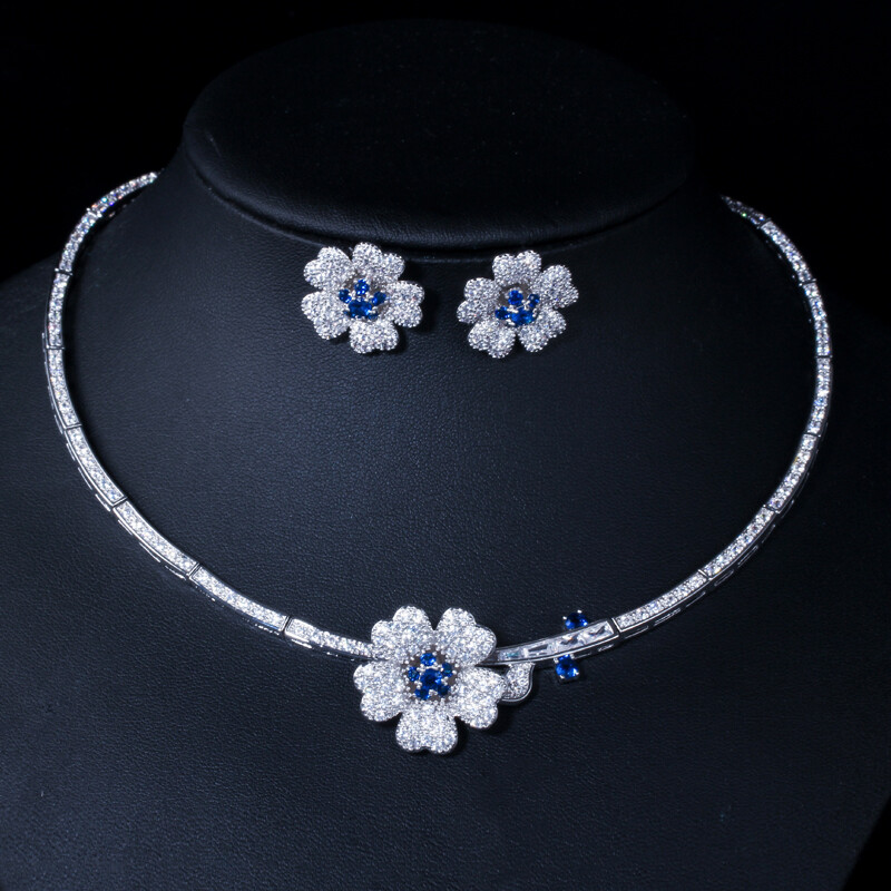 Silver Plated CZ Green Flower Choker Women Party Necklace Earrings Jewelry Set