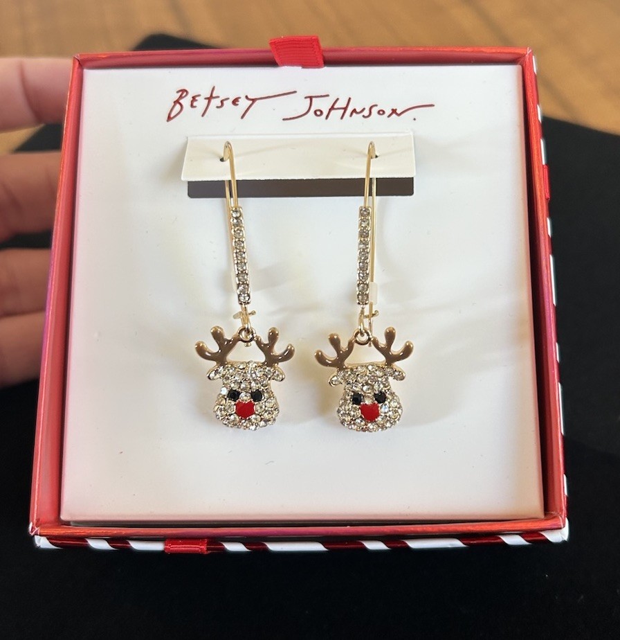 Betsey Johnson Reindeer Dangle Earrings Gold Tone Rhinestone Crystal Christmas