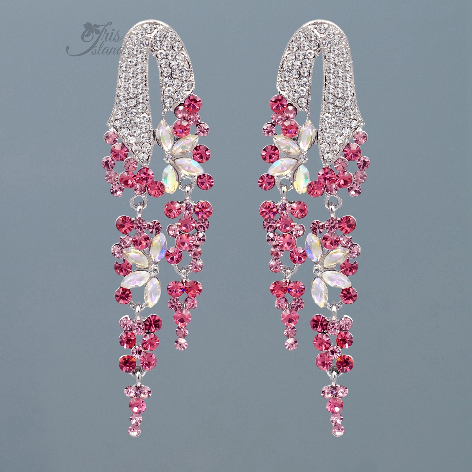 Pink Crystal Rhinestone Tassel Dangle Earrings Silver Tone Flower Women Gift 910
