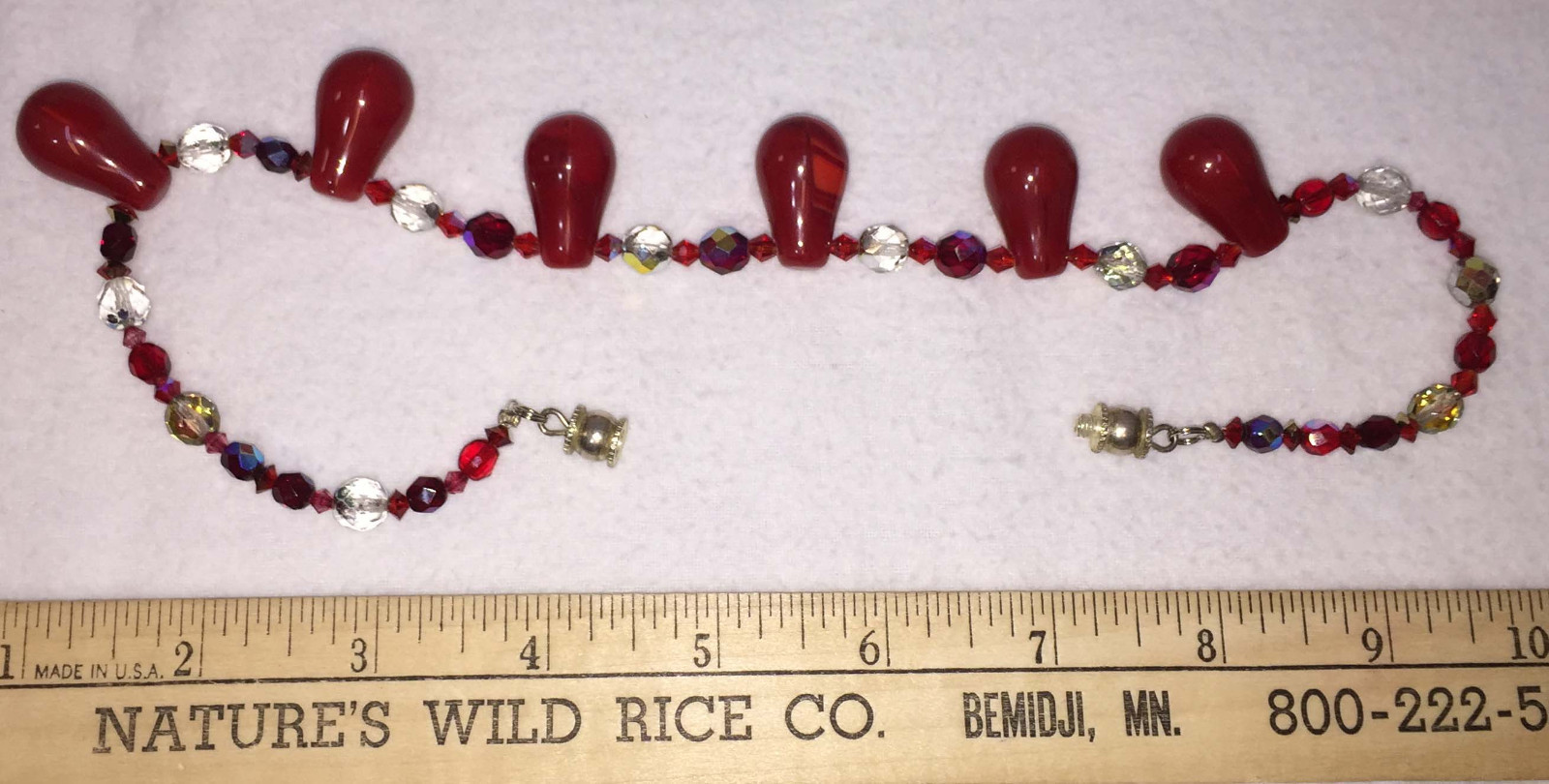 Collar Strand Necklace Red Clear & Aurora Borealis Glass Beads 17″ Long String