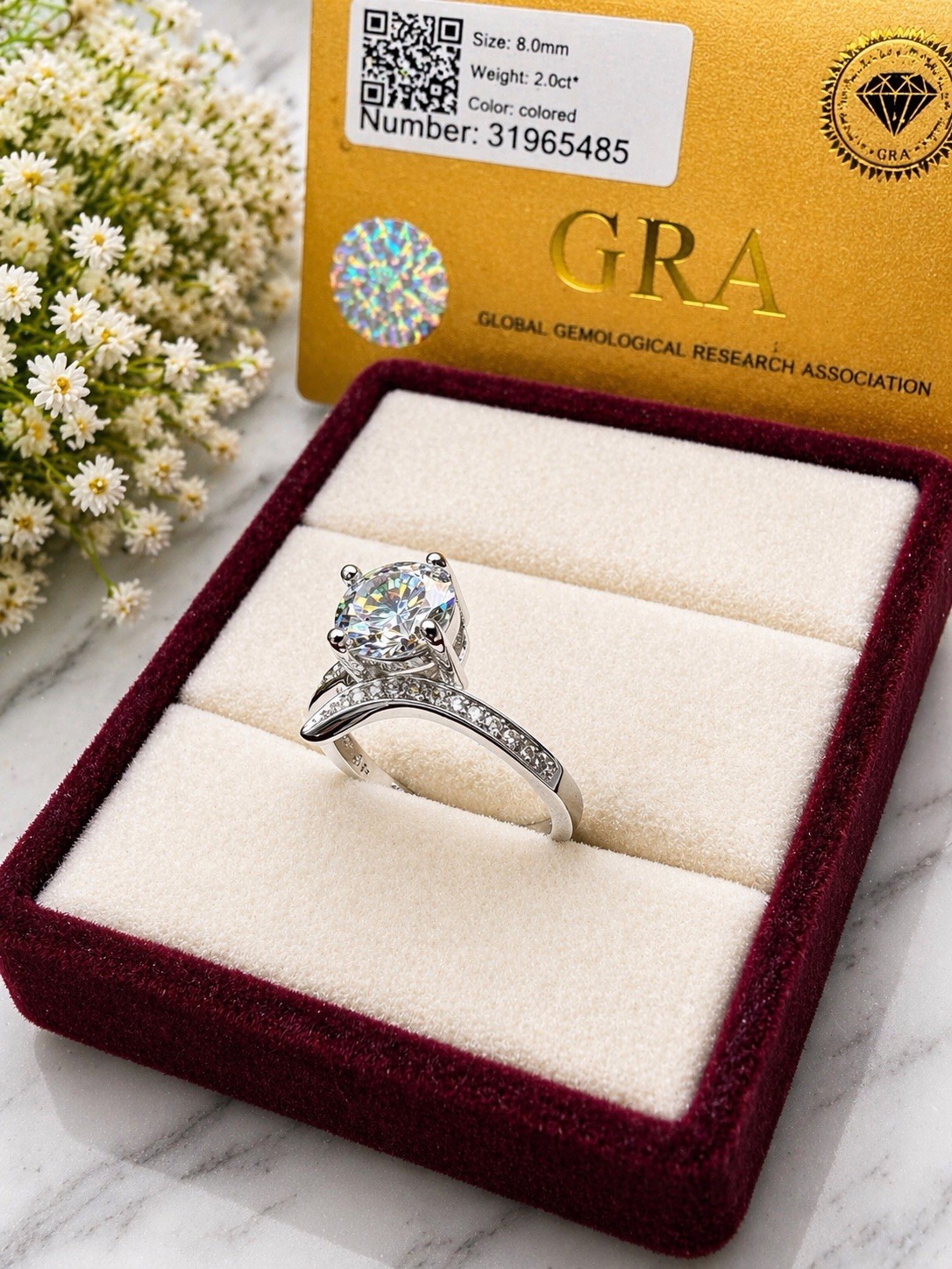 2ct Colored Moissanite Ring Adjustable Band 8mm Round Engagement Style w/ GRA