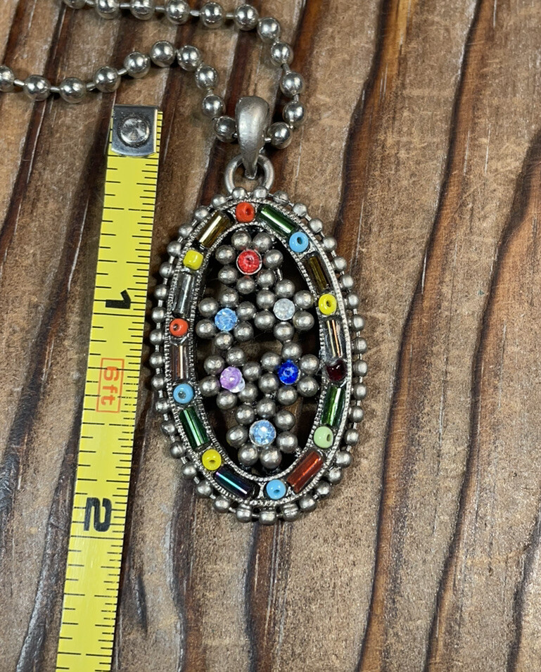 Multicolor colorful pendant necklace beaded , ball 30” chain Silver Tone