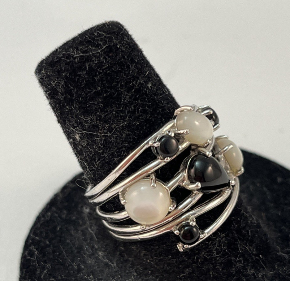 ATI 925 Sterling Silver Faux Black Onyx & Moonstone Ring Size 7