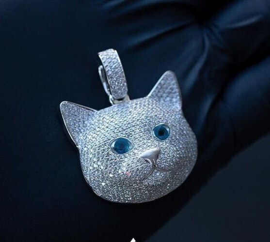 Round Simulated Diamond Stunning Cluster Cat Face Pendant 14K White Gold Plated