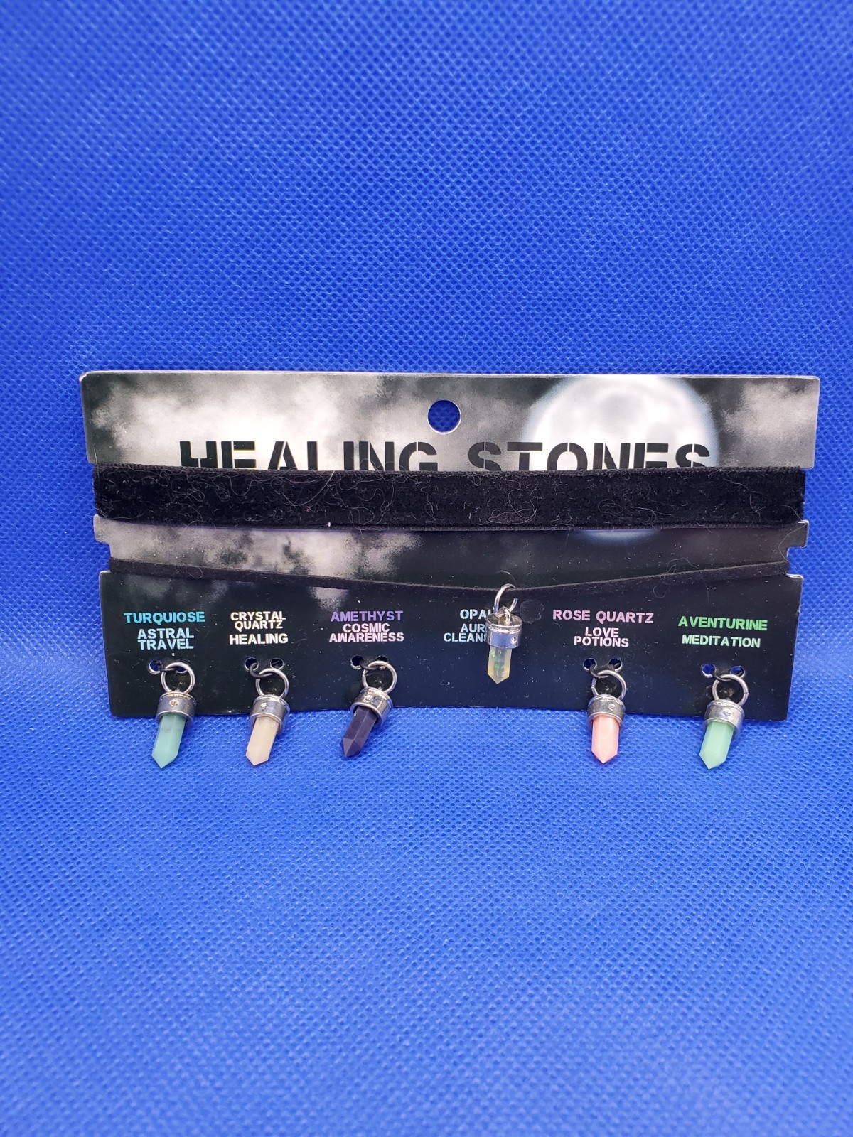 Hot Topic Healing Stones Crystal Stone Choker Black 6 Stone Pendants On Card