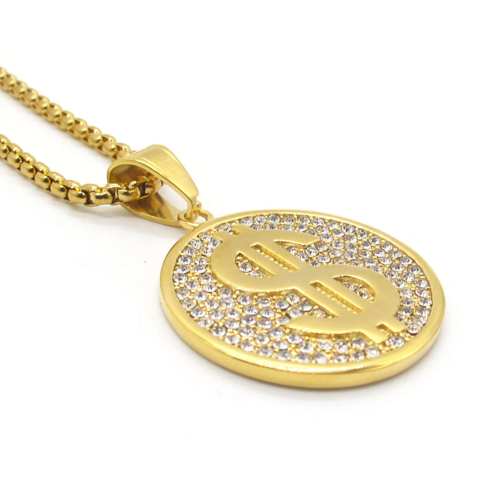 MENDEL Mens Stainless Steel Gold Rap Hip Hop Money Dollar Sign Pendant Necklace