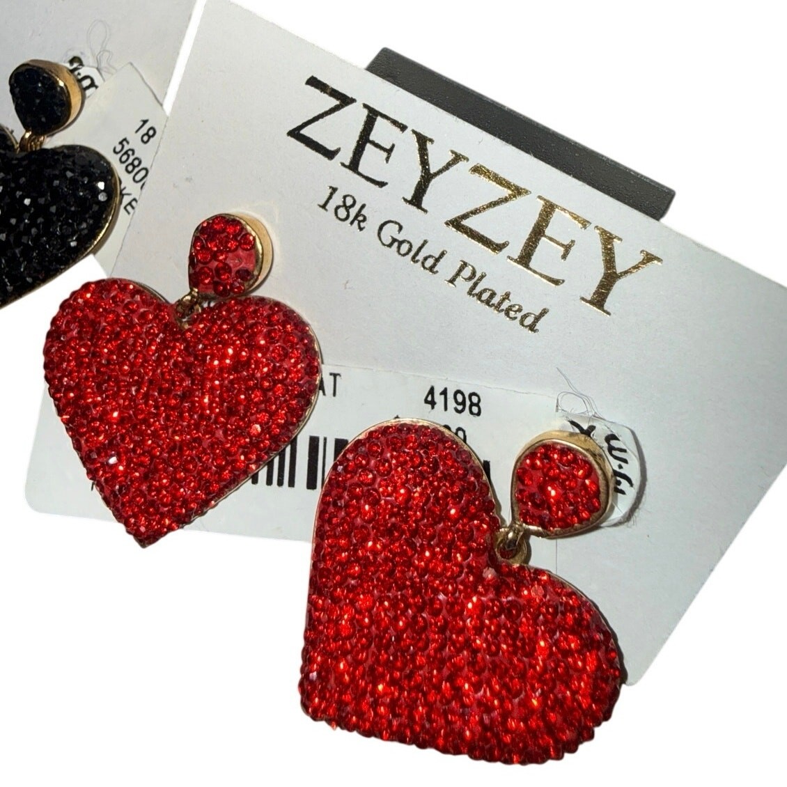 NWT ZEYZEY Red Black CZ Pave Heart Earrings 18K Gold Plated Set Gift Sparkly