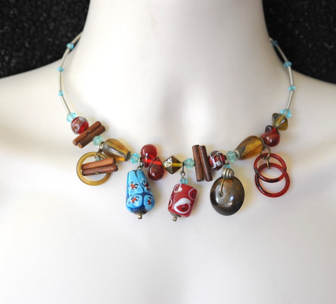 Wire Wrap Choker Beaded Charm Multicolor Necklace BOHO blue dangle MH14
