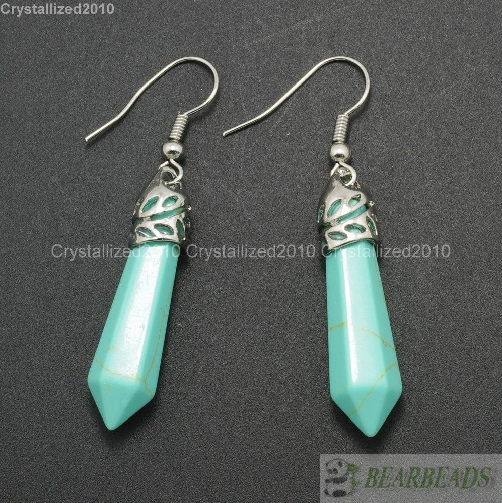 Natural Gemstone Hexagonal Pointed Reiki Chakra Healing Beads Silver Earrings