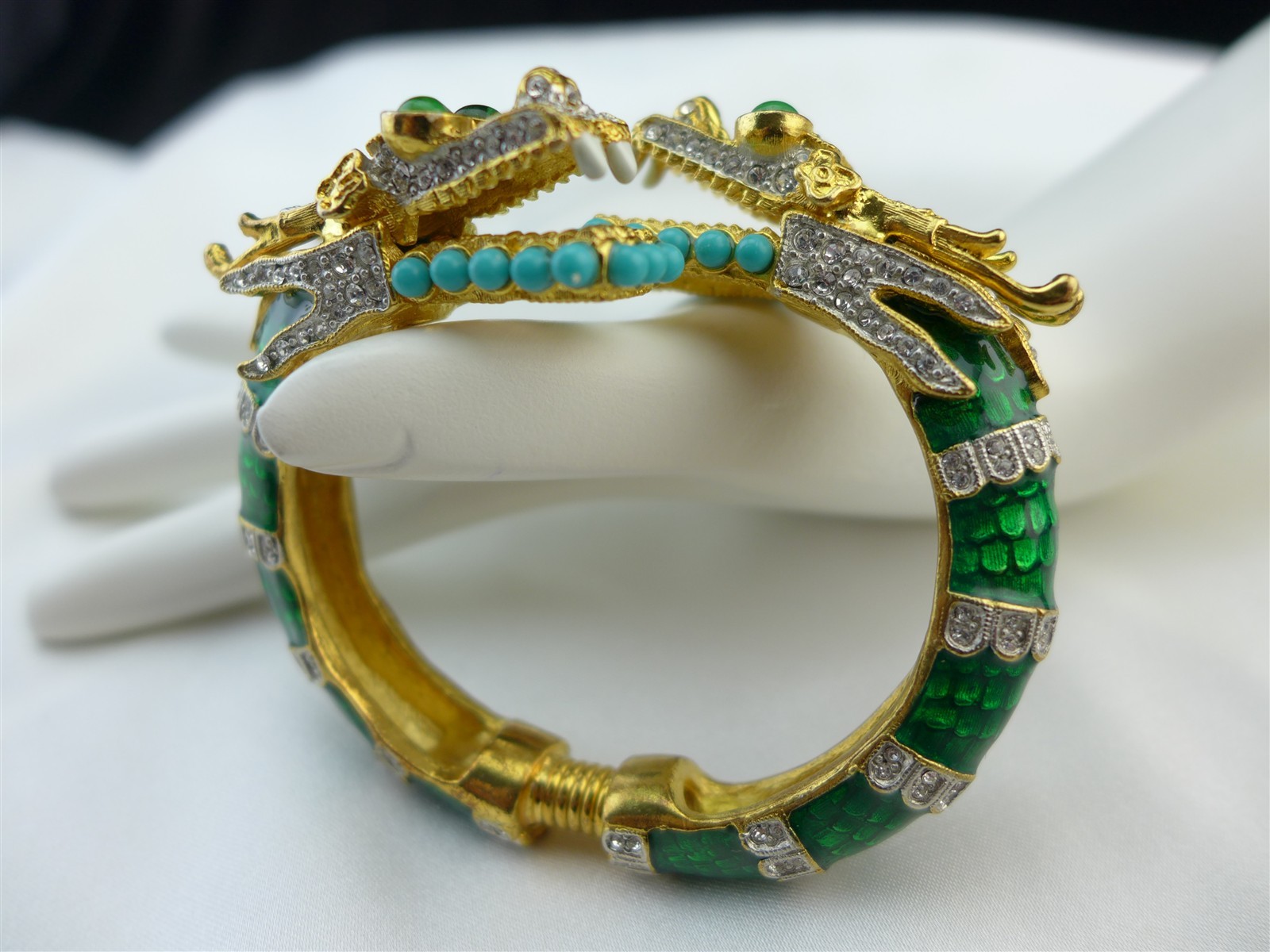 KJL Kenneth Jay Lane Jeweled Enameled Twin Headed Dragon Bangle Cuff Bracelet