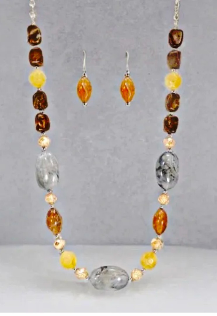 Multicolor Neutral Bead Necklace Earring Set Brown Beige Gray Statement jewelry