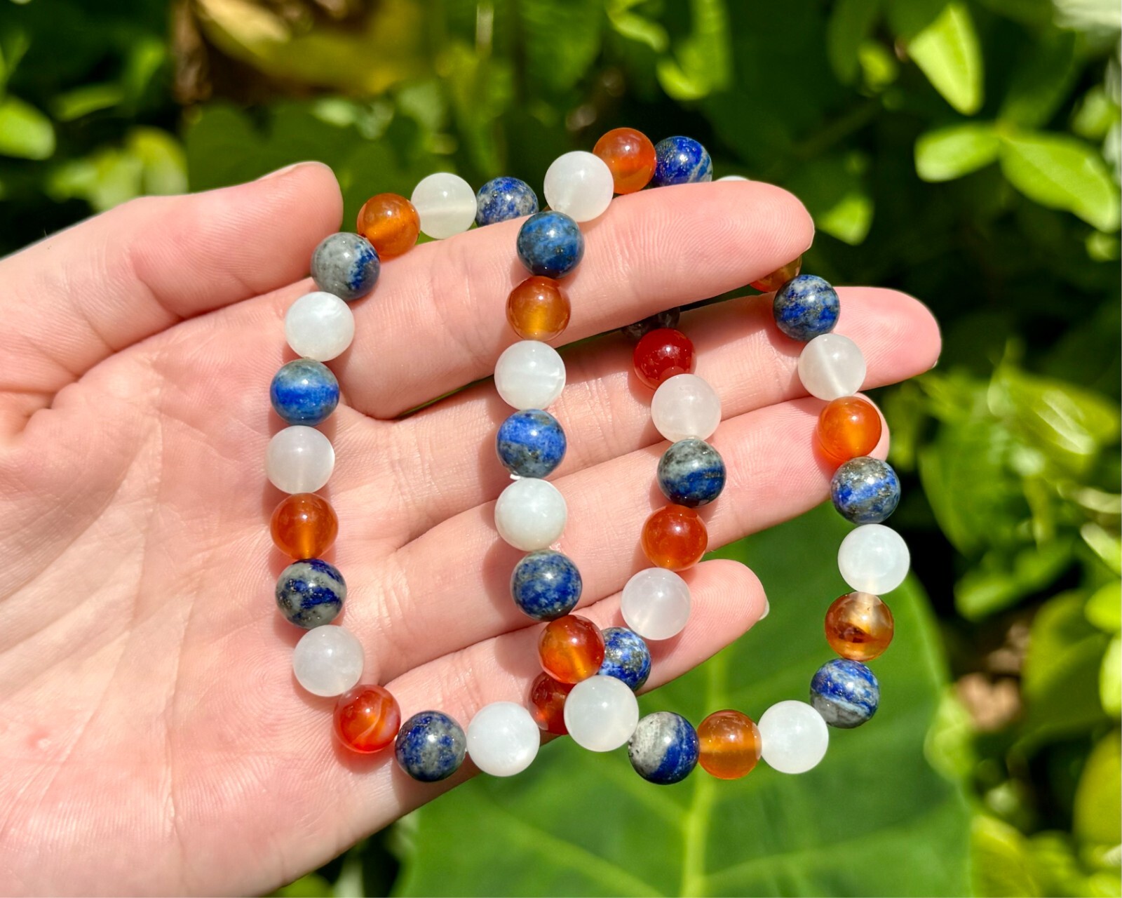 Confidence Bracelet: 8 mm Beads (Carnelian, Lapis Lazuli, & Moonstone Crystals)