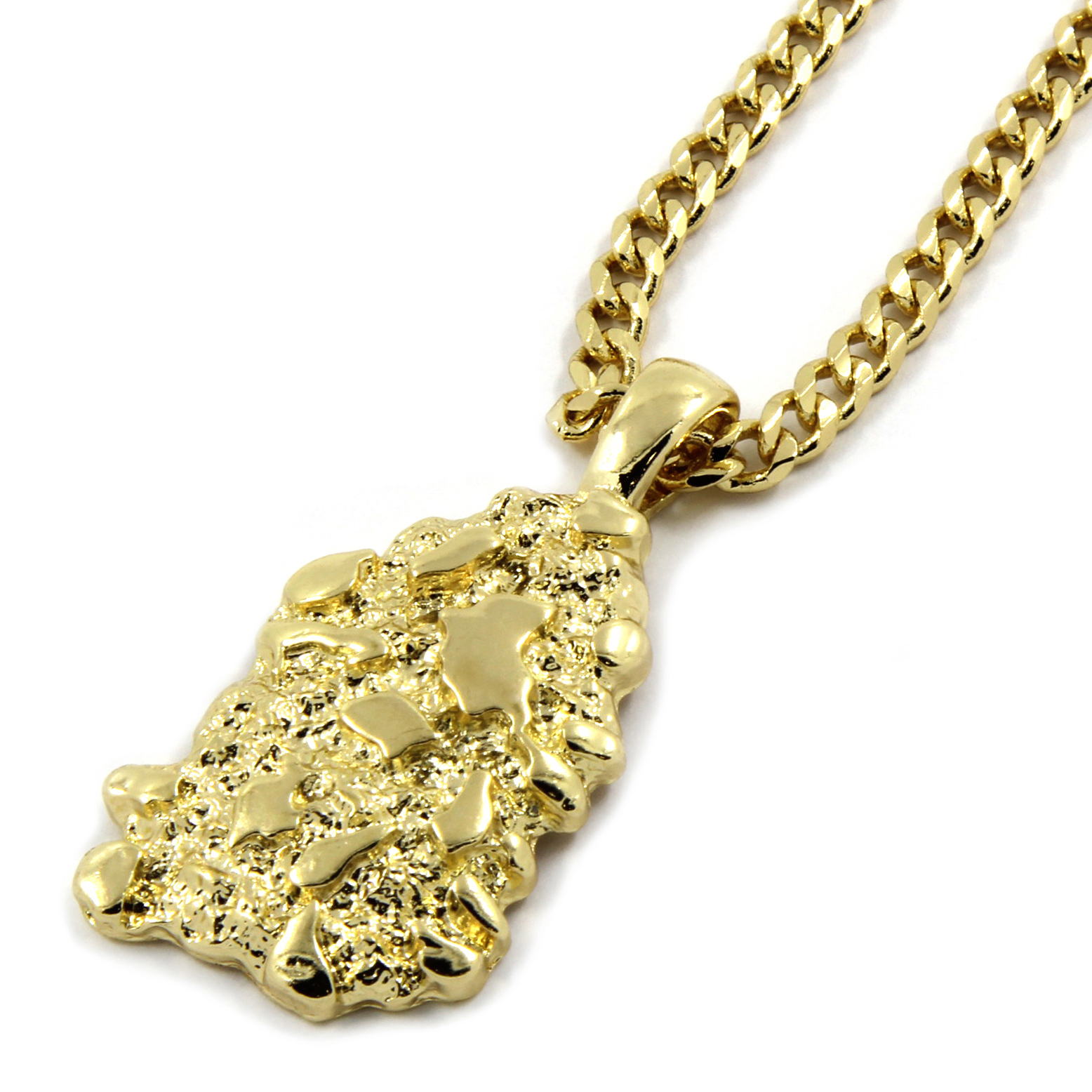 Mens 14K Gold Plated Nugget Pendant Hip-Hop 3mm/30″ Cuban Chain