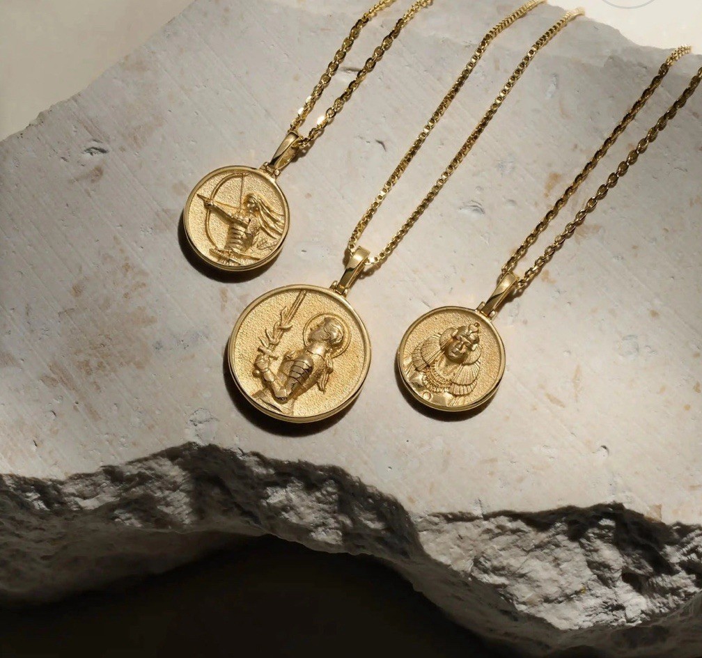 18K Gold Plated Greek Mythology Coin Pendant and Necklace / Joan Of Ark Goddess