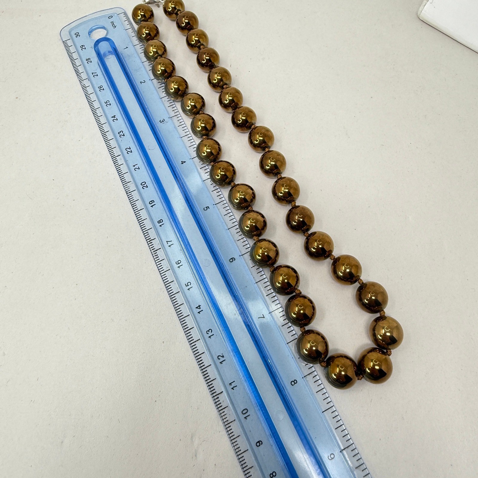 Metal Beaded Necklace Heavy Bronze Tone Knotted Sterling Clasp Statement