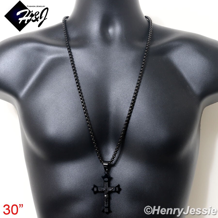 30″MEN Stainless Steel 5mm Black Plated Box Link Chain Necklace Cross Pendant*28