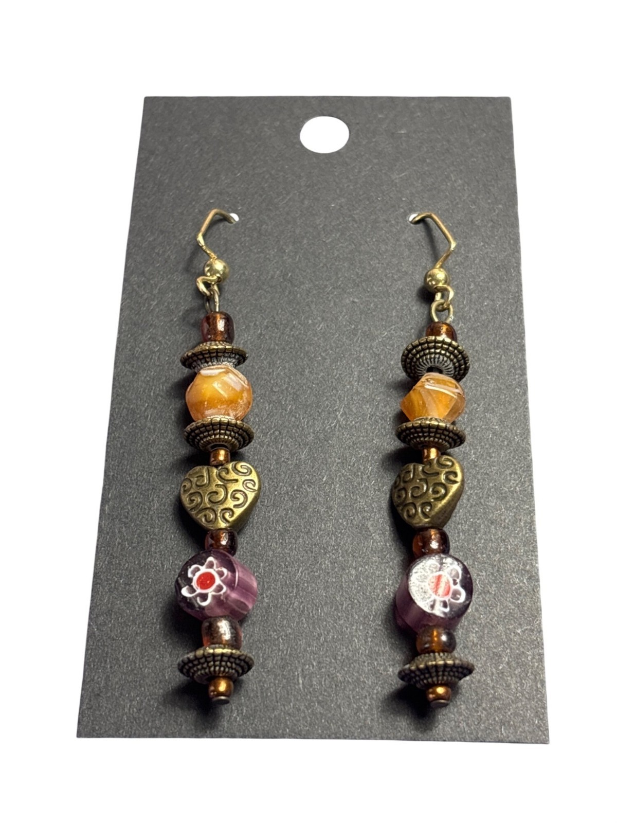 Goldtone Glass Beaded Dangle Earrings Heart Flower 2 inches
