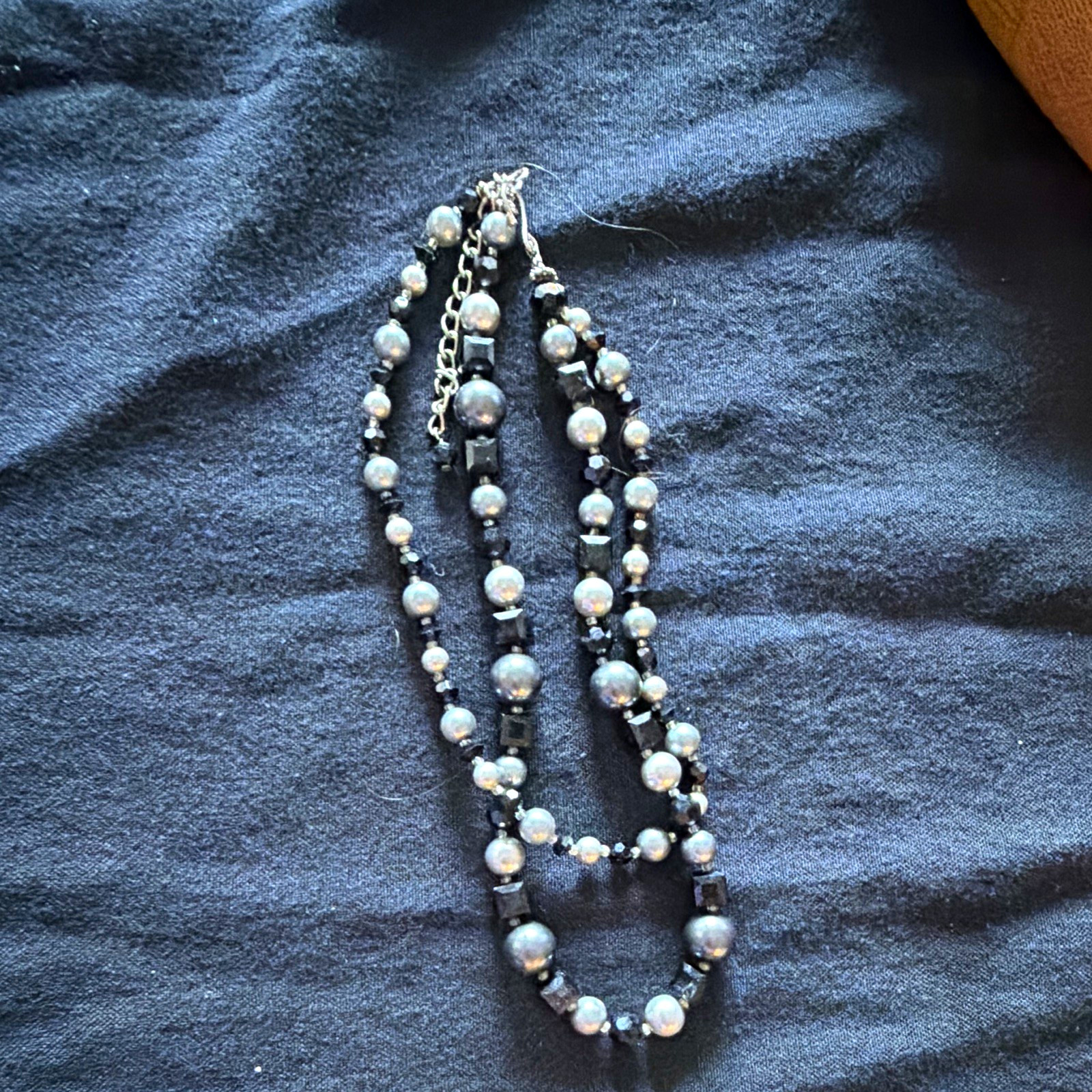 White Faux Pearl Round Beaded Necklace, Black/White Beads, Crystal, Extender