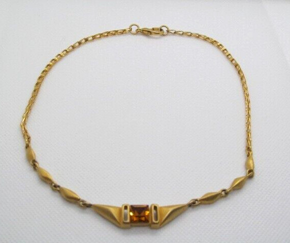 Brushed Gold Tone Bar Link Square Orange Stone Oversize Clasp Necklace 16.5 In