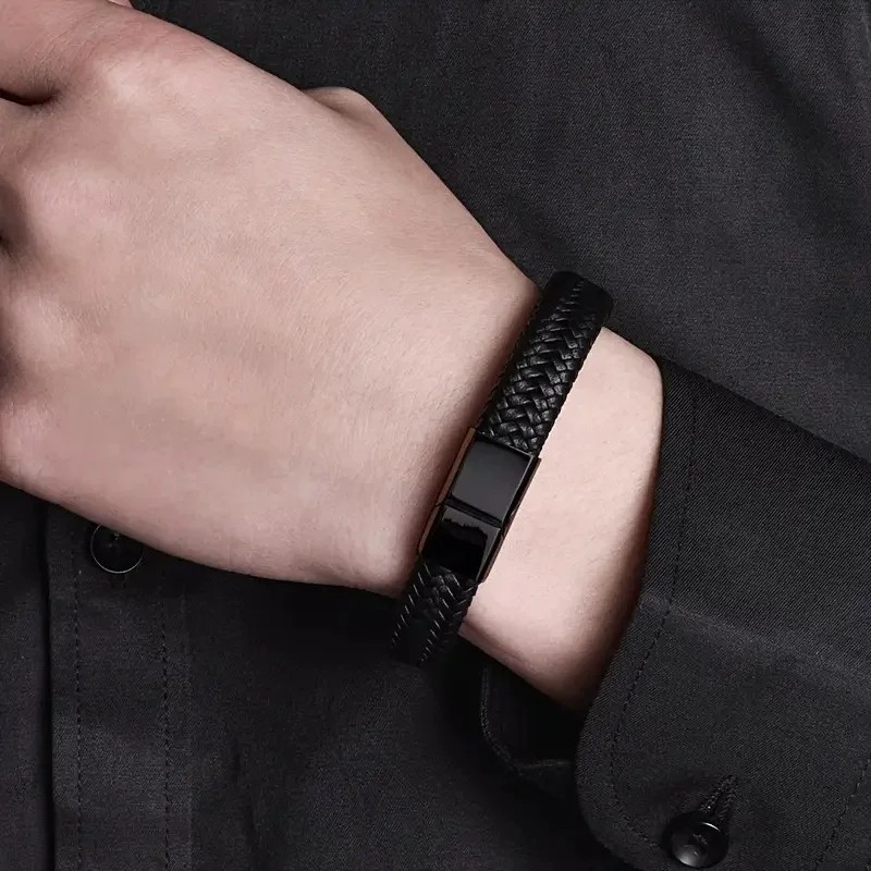 Men’s Black PU Leather Magnetic Bracelet Stylish Cuff Bangle Jewelry Gift