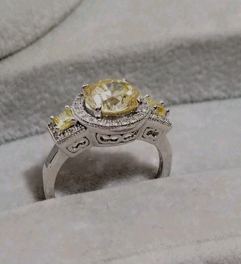 JTV sterling silver Canary Yellow 3 Three stone cz halo Ring