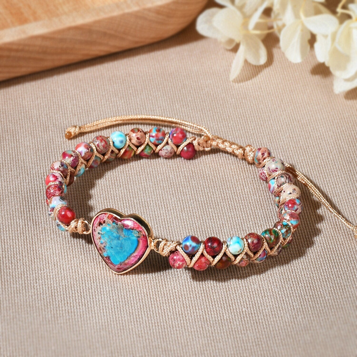 Natural Imperial Jasper Stone Beaded Bracelet Gemstone Heart Charm Bracelet