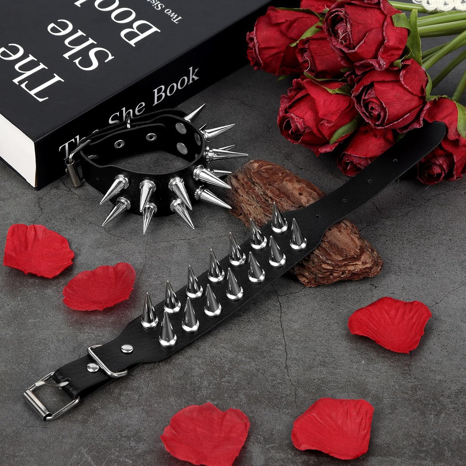 Punk Leather Studded Bracelet Set 2 Pcs Spike Rivet Cuff Wristband Bracelet